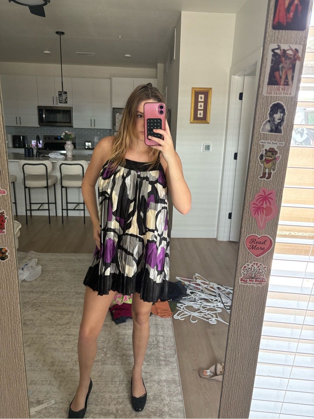 MKM Designs Black, Purple, and Cream Floral Pleated Mini Dress